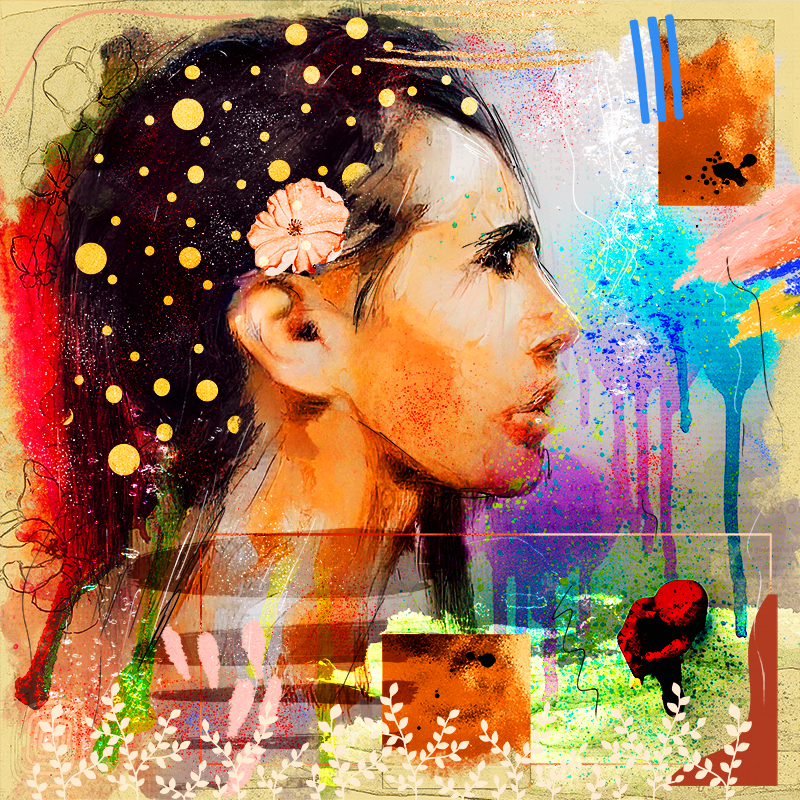 Mixed media in profile is a 1/1 NFT portrait with a lot of elements and colors.