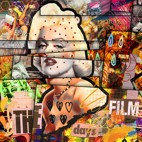 Mixed media 1/1 NFT with a collage of colourful parts, textures, structures and text featuring Marilyn Monroe.