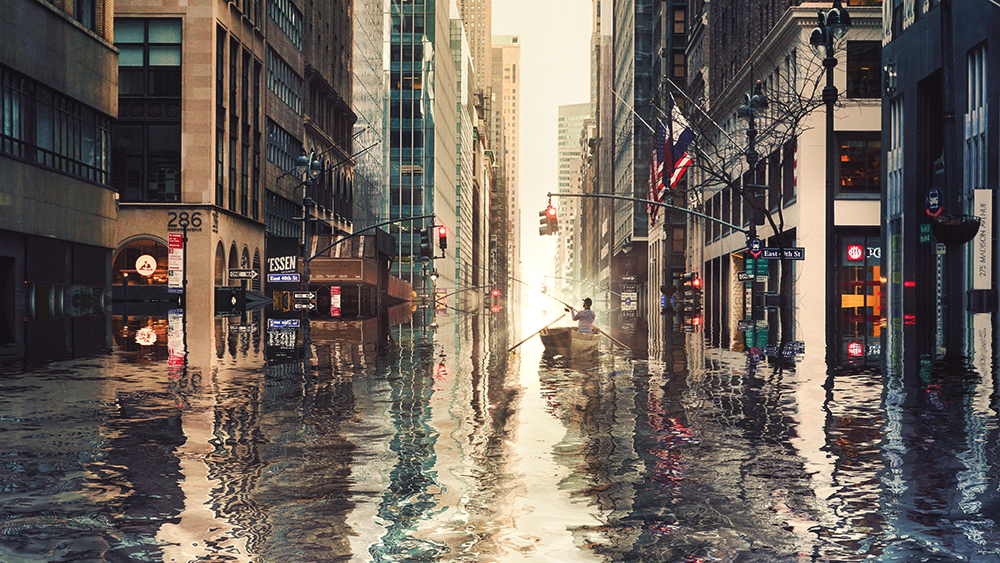 New York under water, a surreal image of a flooded Manhattan with a fisherman in a wooden rowing boat.